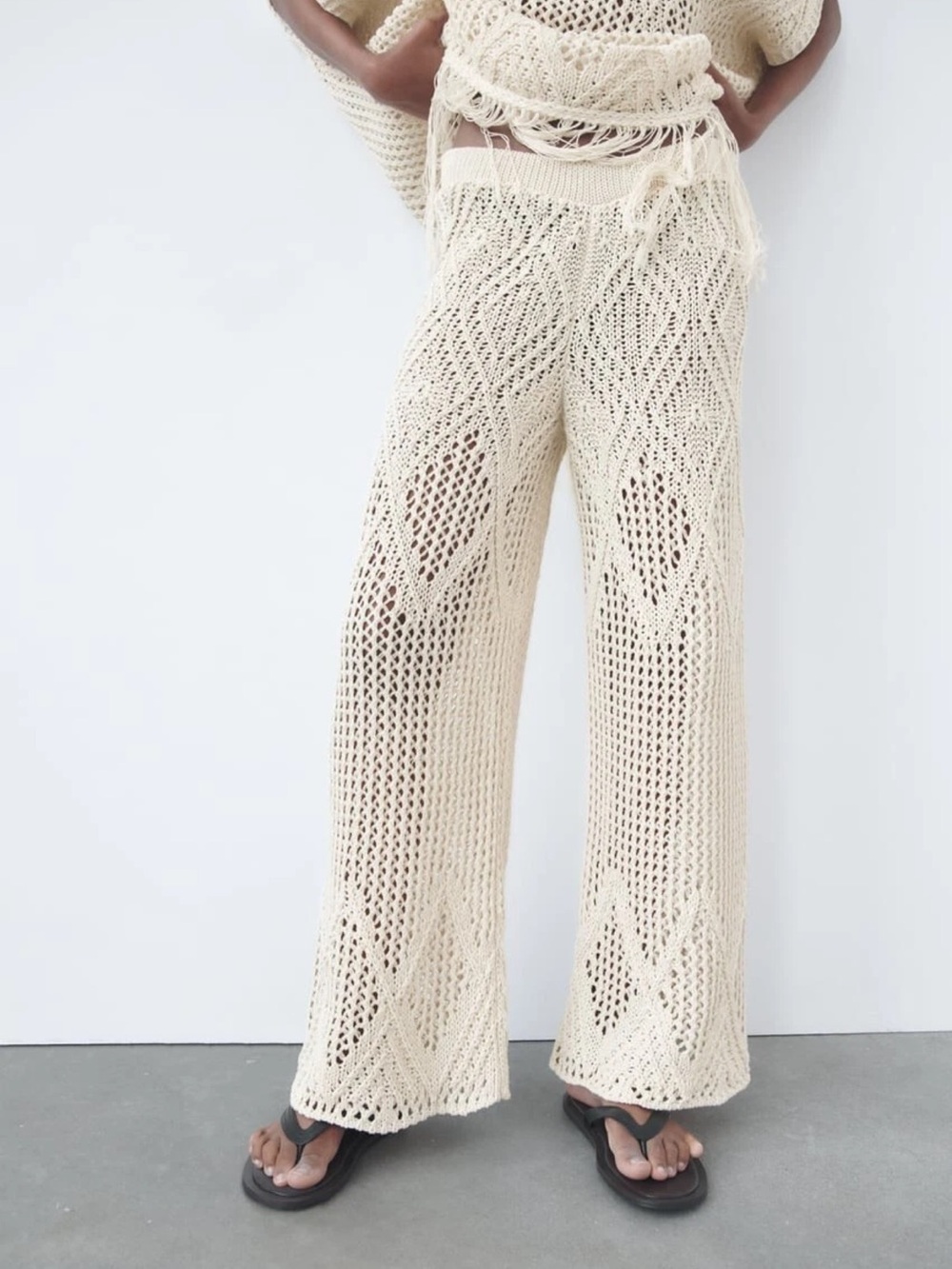 Crochet Wide-Leg Knit Pants in Cream